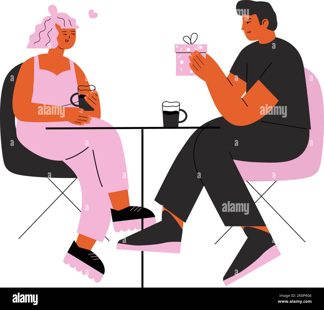 La gente nel caffè beve caffè. Giovani adulti in incontri, seduti alla scrivania con tazze. L'uomo dà dono ragazza. Gli studenti o gli adolescenti possono avere un carattere vettoriale piatto ed elegante Illustrazione Vettoriale