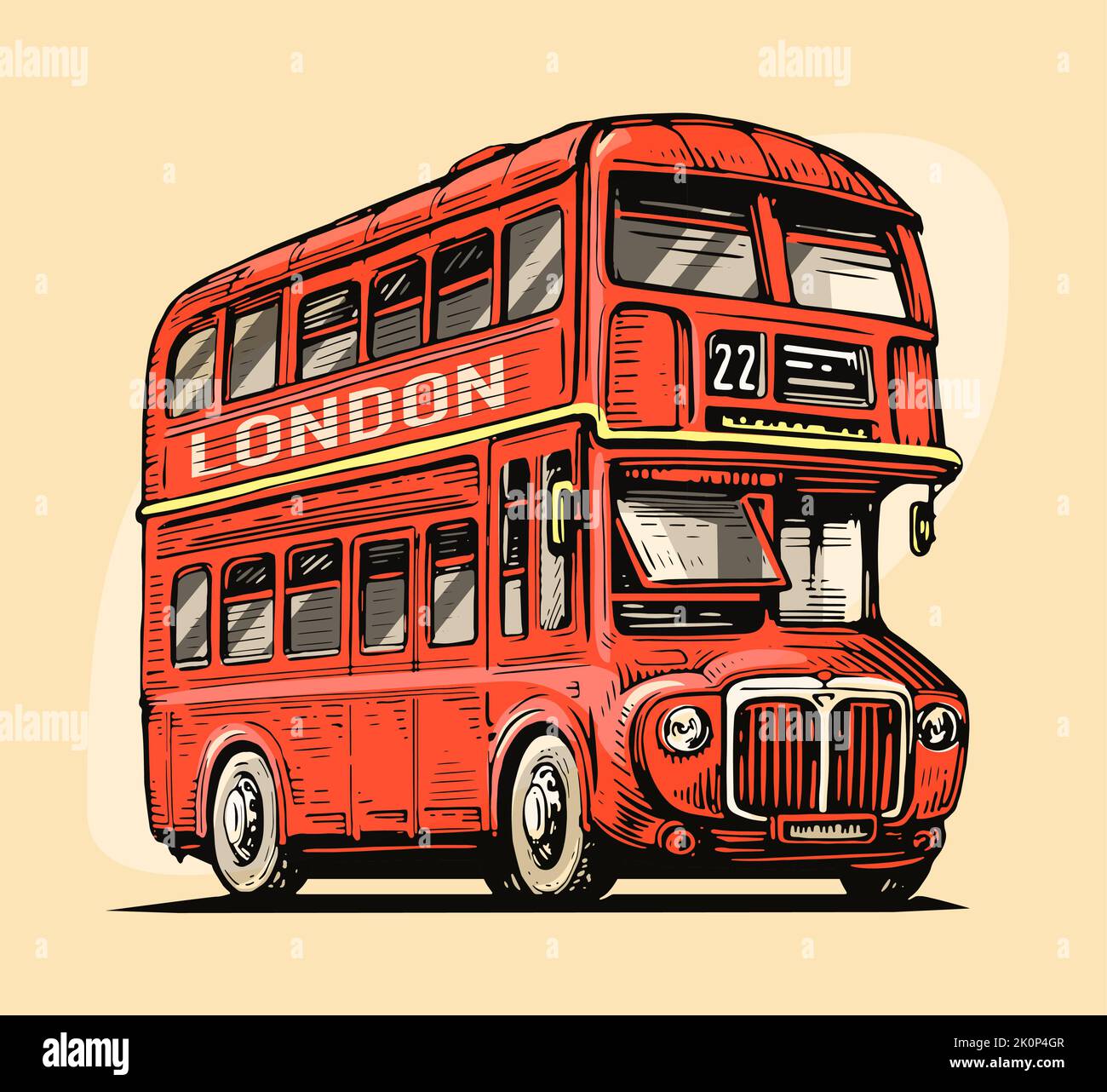 Autobus di Londra. Tradizionale autobus a due piani rosso britannico in stile retrò. Trasporto pubblico vettore illustrazione colorata Illustrazione Vettoriale