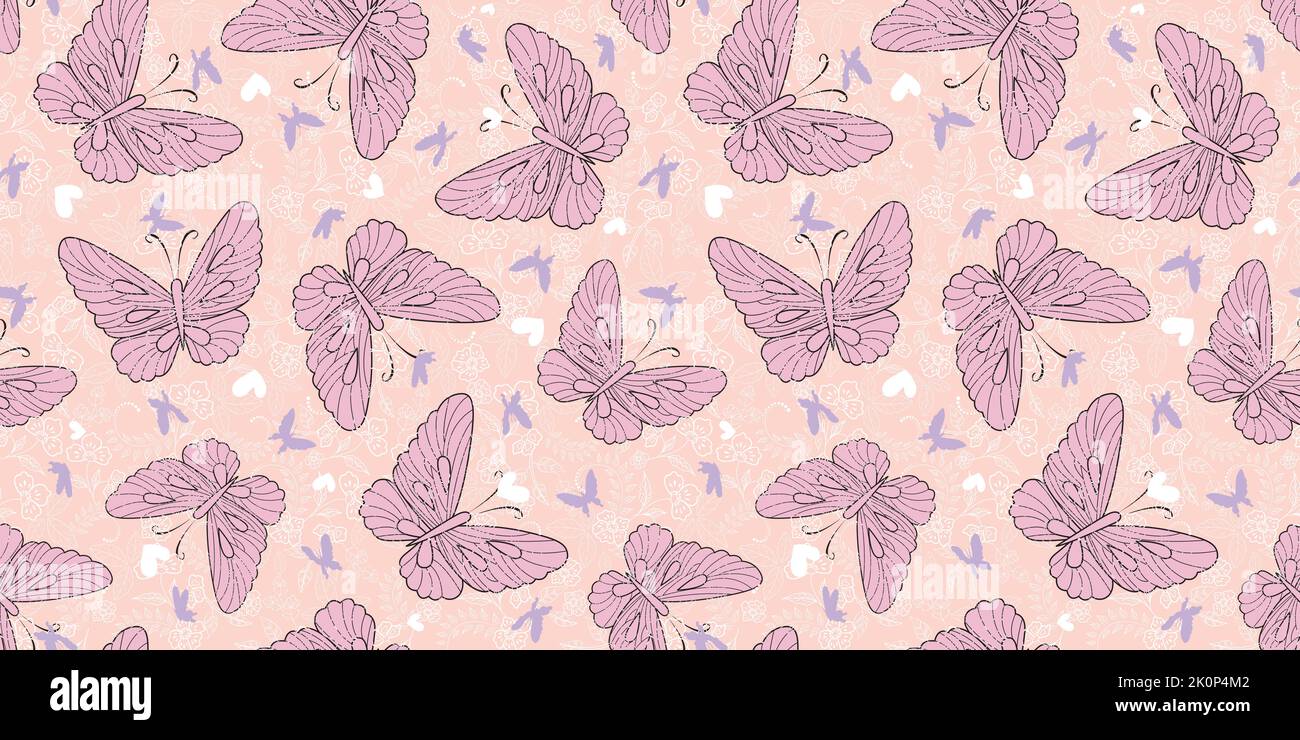 Colore rosa violetto rosa peloso tessuto artistico farfalle vettore senza cuciture motivo. Illustrazione Vettoriale