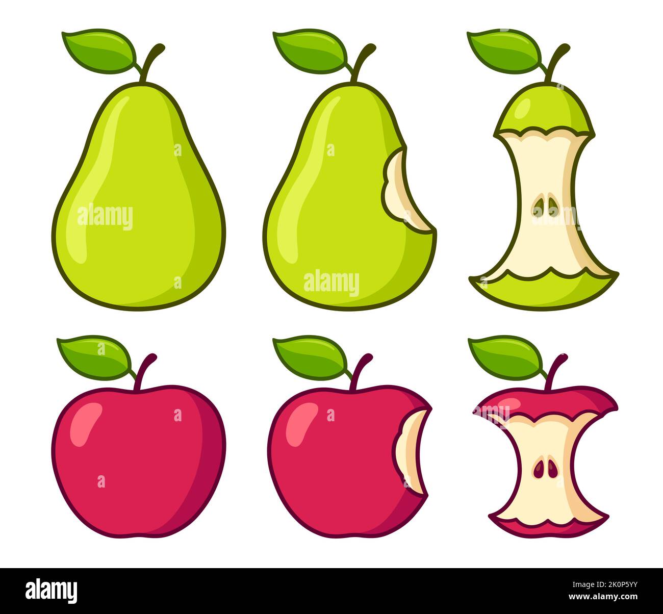 Pera verde e pera rossa mangiare. Frutta intera, morso mancante e parte rimanente del nocciolo. Set di illustrazione vettoriale isolato semplice. Illustrazione Vettoriale