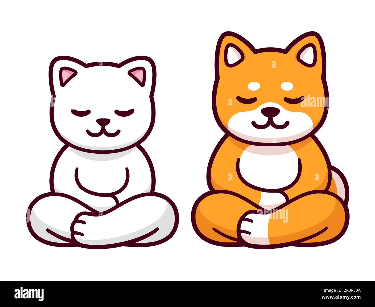 Gatto e cane seduti in meditazione, disegno cartoon. Simpatico divertente Shiba Inu e gattino bianco meditando in posizione lotus, vettore clip art illustrazione. Illustrazione Vettoriale