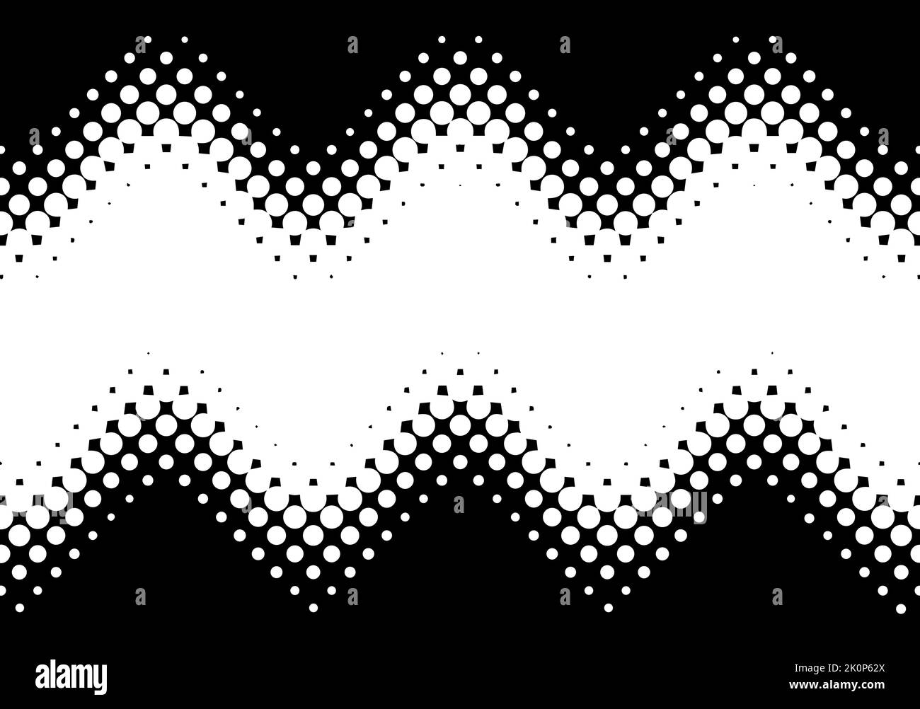 Bordo senza cuciture a mezzitoni a zig-zag. I puntini Polka sbiadiscono il gradiente a zig zag. Onda ripetibile con mezzitoni a gradiente tratteggiato. Elemento di design vettoriale alla moda Illustrazione Vettoriale