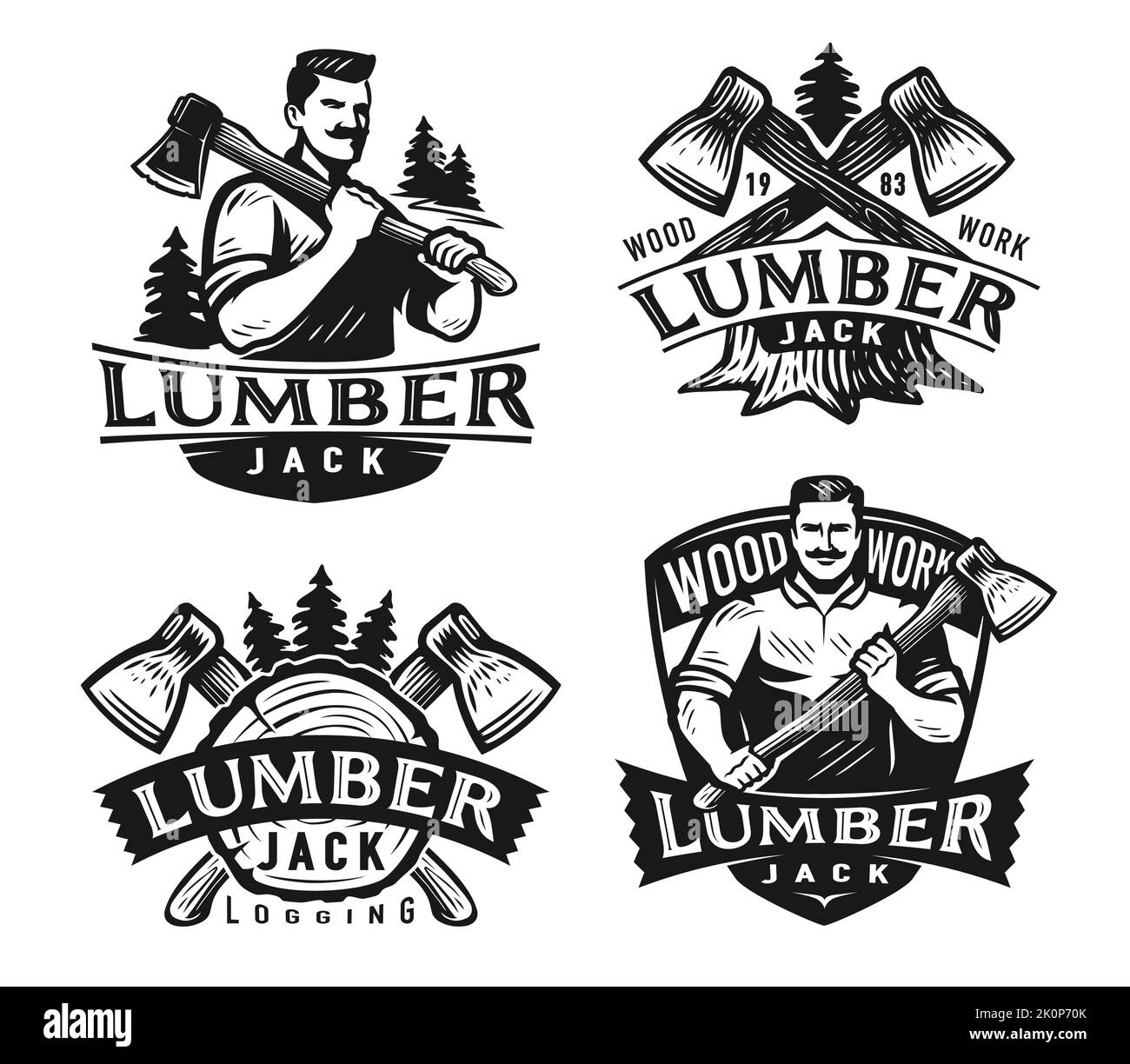 Set di badge Lumberjack. Emblema di legno, abbattimento alberi. Set di etichette monocromatiche per l'industria del legno. Illustrazione del vettore isolata Illustrazione Vettoriale