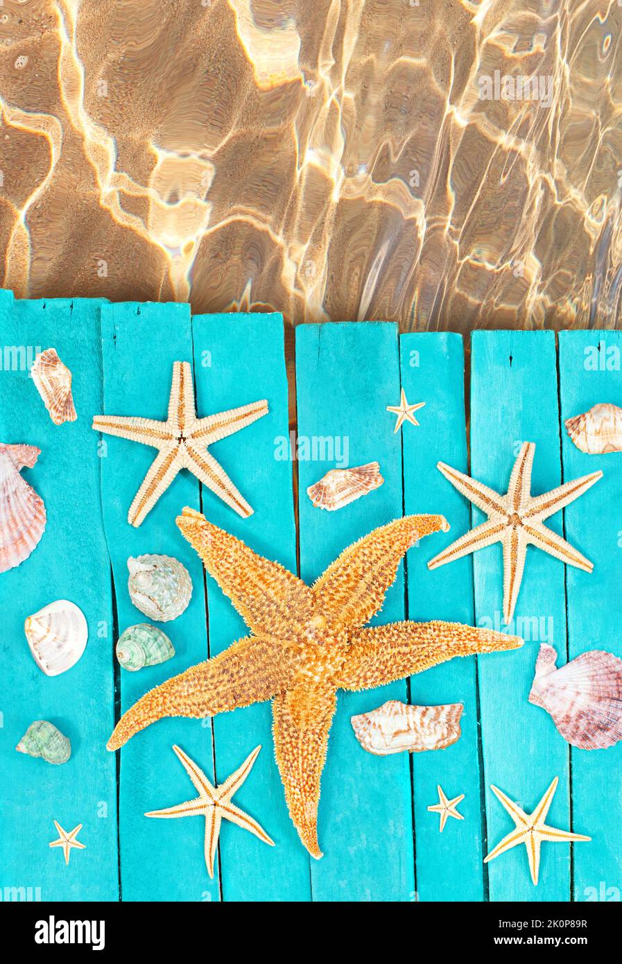 Pavimentazione blu legno, tavole con stella arancio, conchiglie vicino al mare. Concetto di vacanza, turismo, estate. Spazio di copia Foto Stock