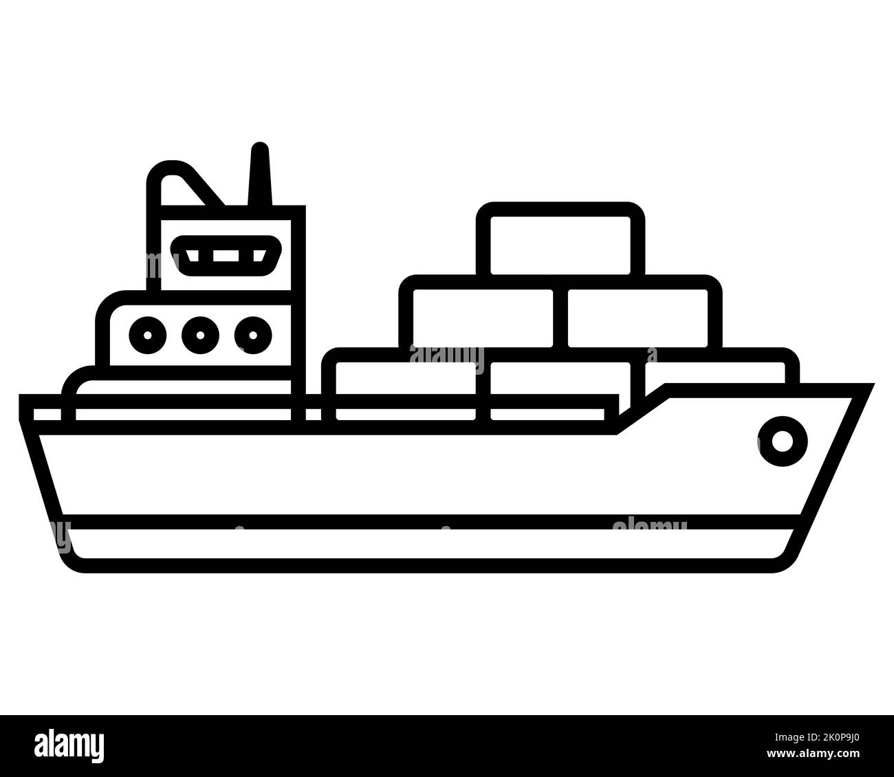 l'icona nera della nave da carico trasporta i contenitori al porto. illustrazione del vettore piatto. Illustrazione Vettoriale