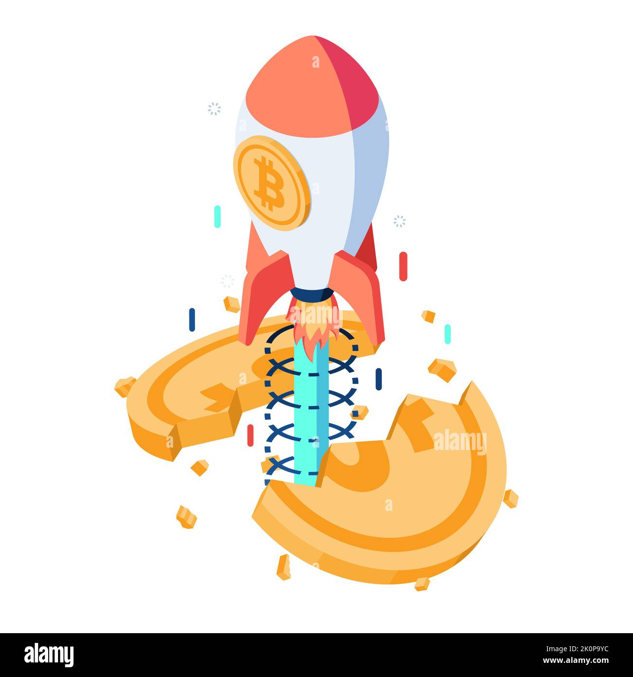 Piatto 3D Isometric Bitcoin Rocket Piercing attraverso Dollar Coin. Bitcoin sostituire il denaro in dollari e il concetto di criptovaluta. Illustrazione Vettoriale