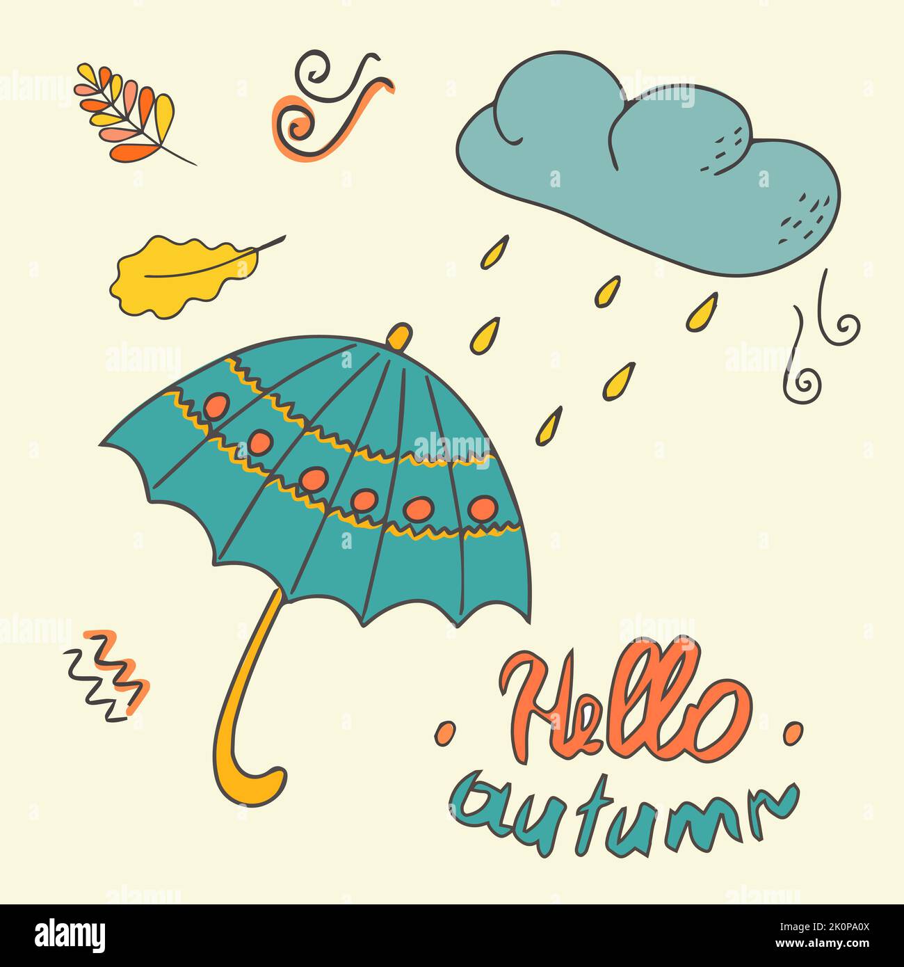 Ciao, autunno. Ombrello sotto la pioggia con una nuvola. Banner, poster o design con spazio per text.Hand disegnato in stile doodle. Illustrazione isolata Illustrazione Vettoriale