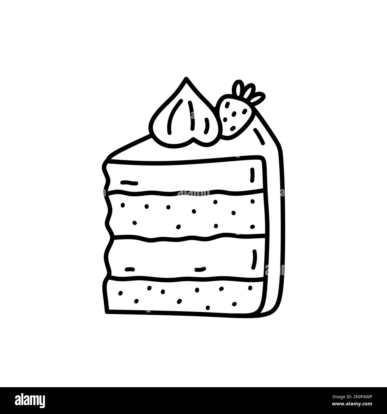 Pezzo di torta con fragola isolata su fondo bianco. Dessert carino, cibo dolce. Disegno vettoriale a mano in stile doodle. Perfetto per vari disegni, schede, decorazioni, logo, menu. Illustrazione Vettoriale