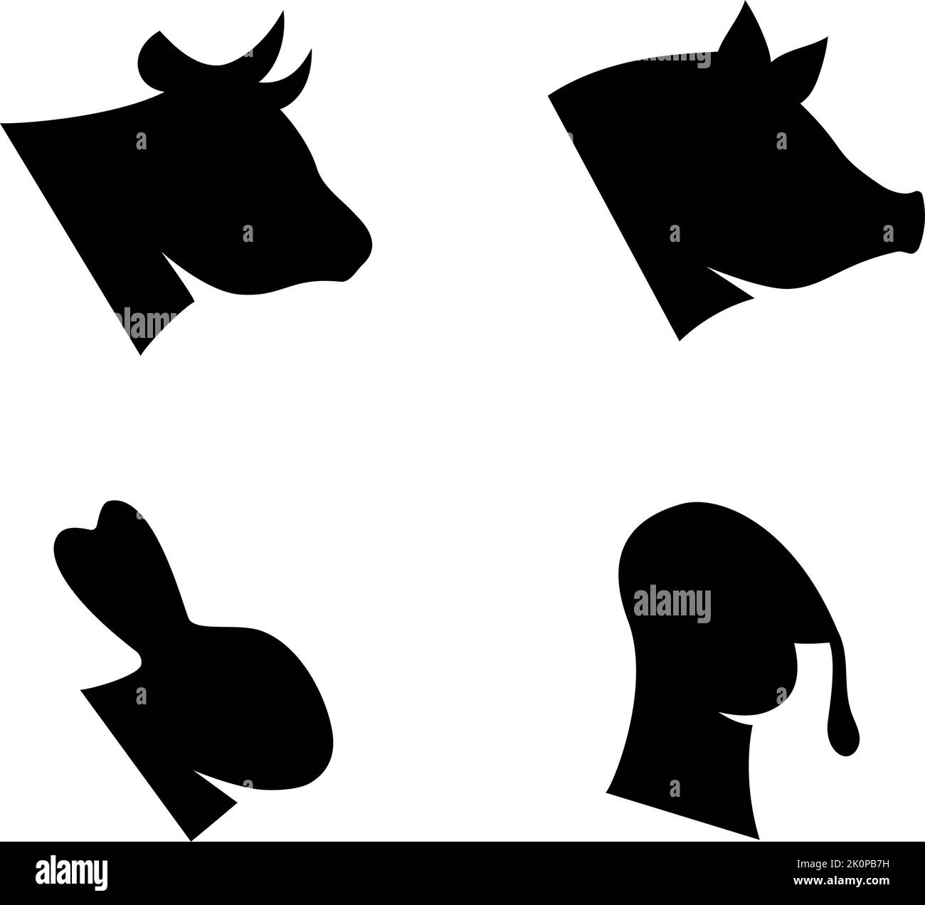 Set di teste di animali da fattoria. Silhouette di maiale, tacchino, coniglio, testa di mucca. Fattoria animale icone nere isolato su sfondo bianco. Illustrazione Vettoriale