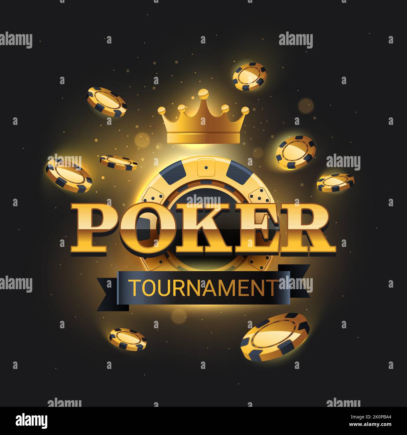 Logo del torneo di poker d'oro con chip volanti su sfondo scuro. Illustrazione vettoriale. Banner del torneo di poker con luci brillanti e chip di poker. Illustrazione Vettoriale