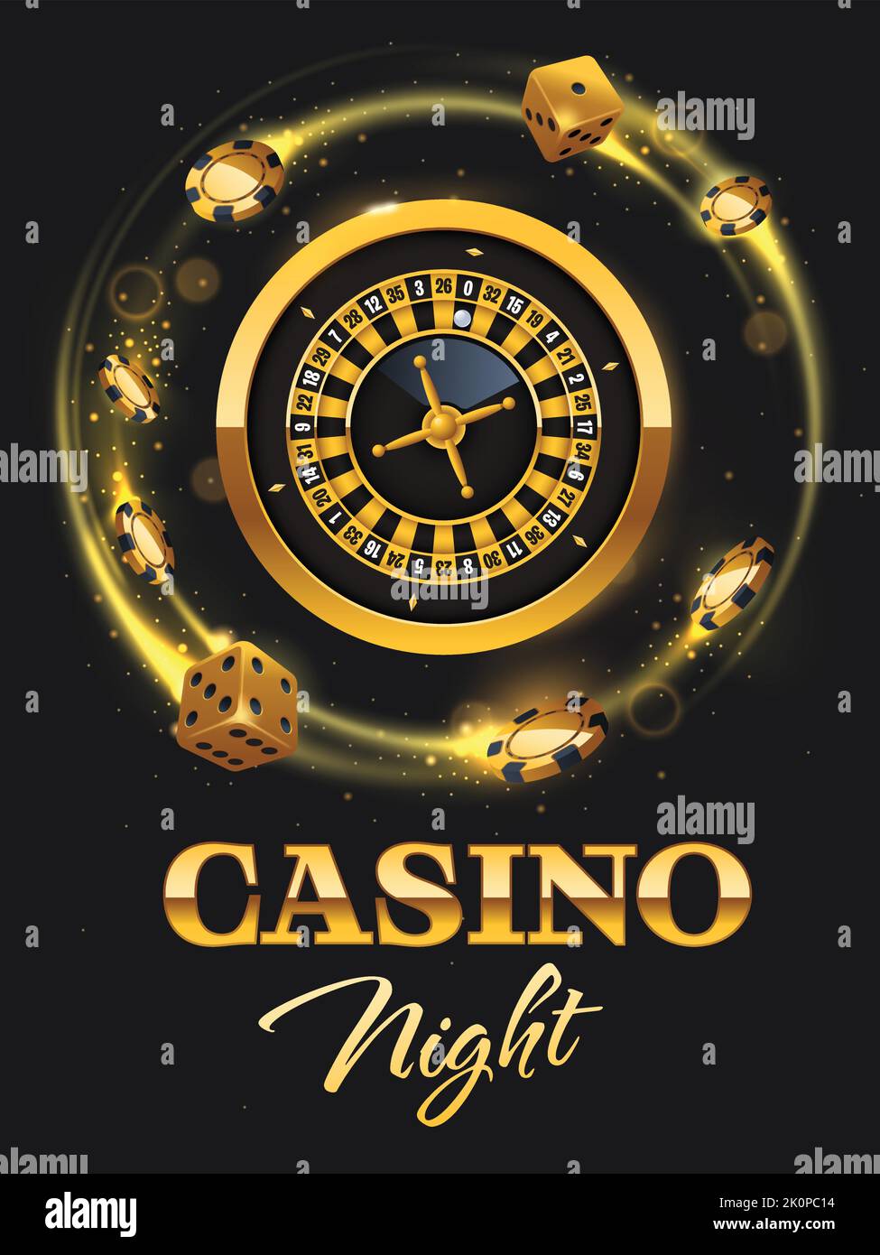 Illustrazione del volantino di Casino Night con la ruota della roulette, chip e dadi da casinò. Cartello di lusso, poster con elementi realistici del casinò. Illustrazione vettoriale Illustrazione Vettoriale