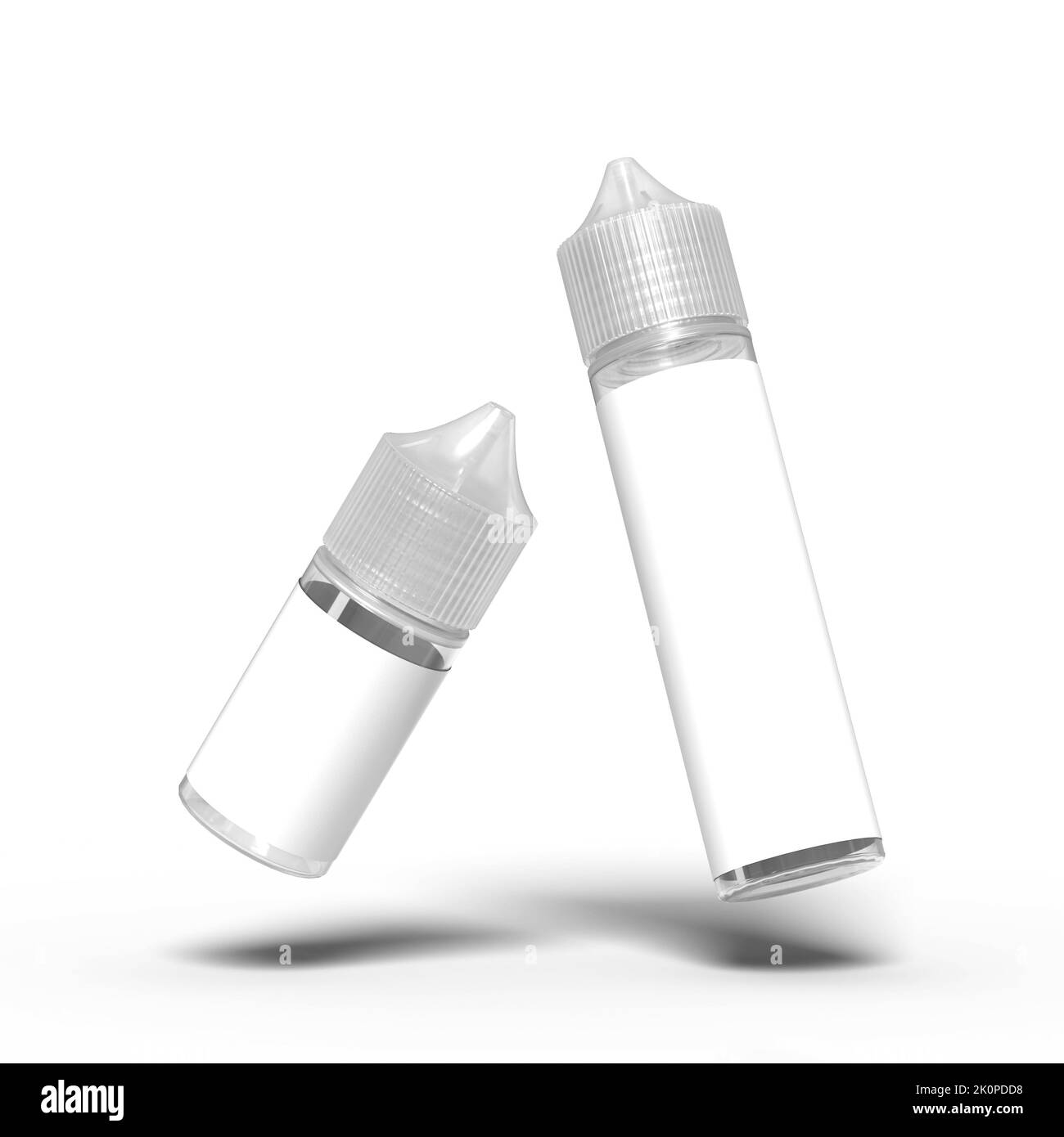 Bottiglie galleggianti per succo di vape gorilla unicorn 30ml e 60ml chuby con etichetta bianca per mockup. Isolate su fondo bianco. illustrazione di rendering 3d. Foto Stock