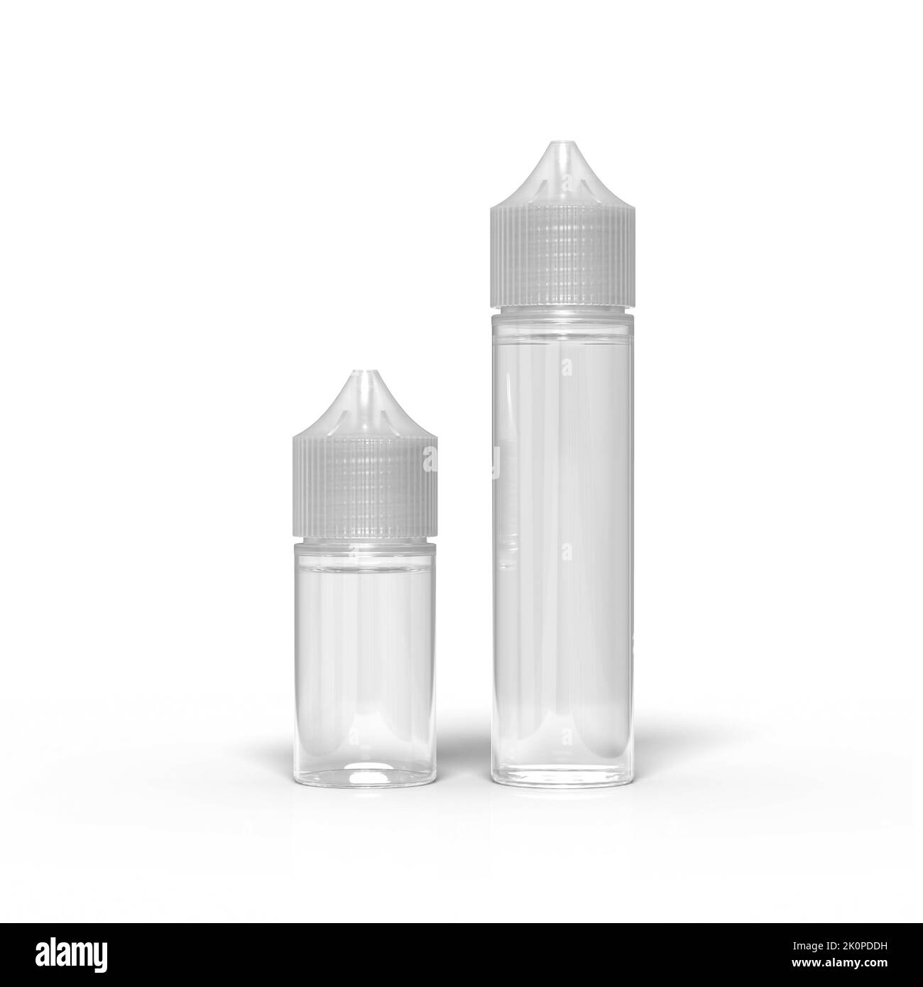 30ml e 60ml ml di succo Unicorn Vape riempito con liquido trasparente, isolato su fondo bianco. Illustrazione di rendering 3D. Foto Stock