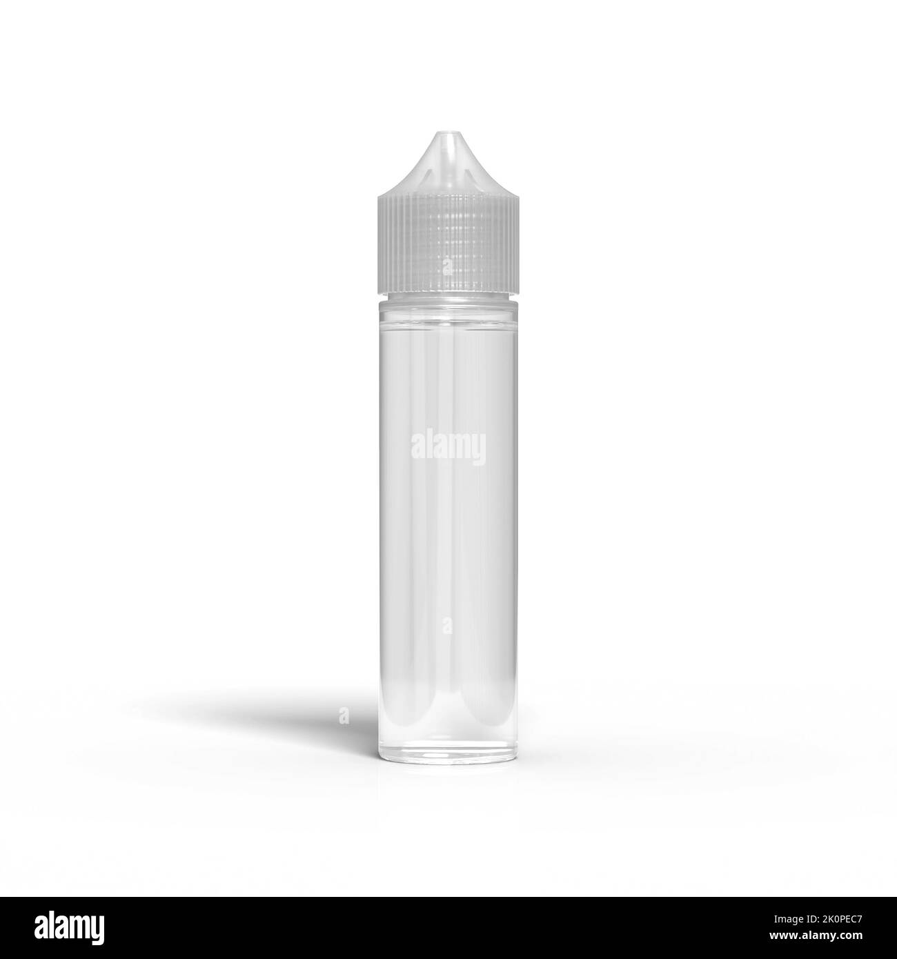 Bottiglia di succo di vape trasparente Chubby Gorilla Unicorn da 60ml ml riempita con liquido trasparente e isolata su sfondo bianco, rappresentazione in 3D. Foto Stock