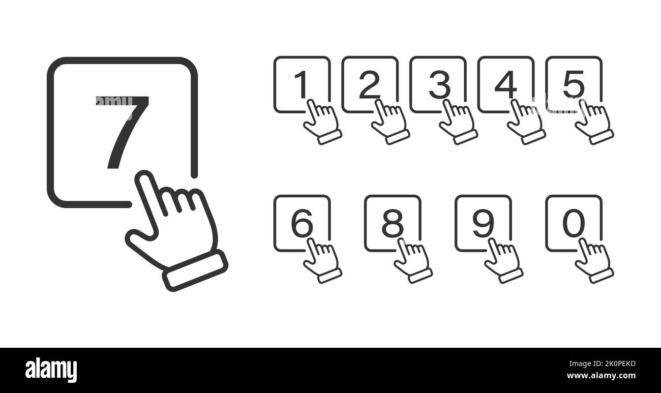 il dito della mano preme il pulsante con il numero. Un contorno vuoto. Stile piatto Illustrazione Vettoriale