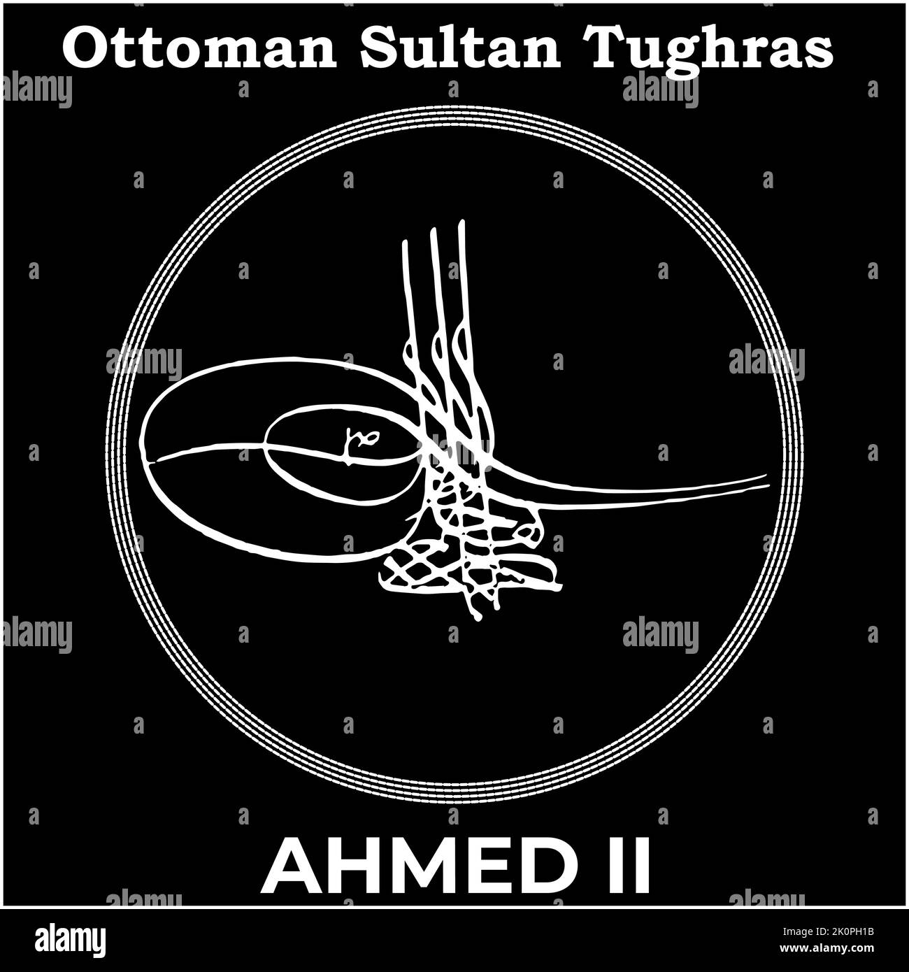 Immagine vettoriale con firma Tughra del ventunesimo sultano Ottomano Ahmed II, Tughra di Ahmed II con sfondo nero. Illustrazione Vettoriale