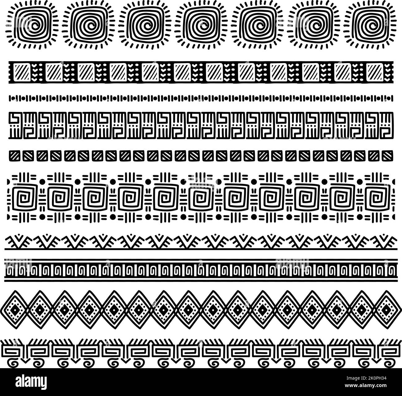 Pennelli senza cuciture tribali africani. Bordo ornamentale disegnato a mano. Antichi divisori isolati su set bianco. Motivo tradizionale creativo, arte geometrica sha Illustrazione Vettoriale