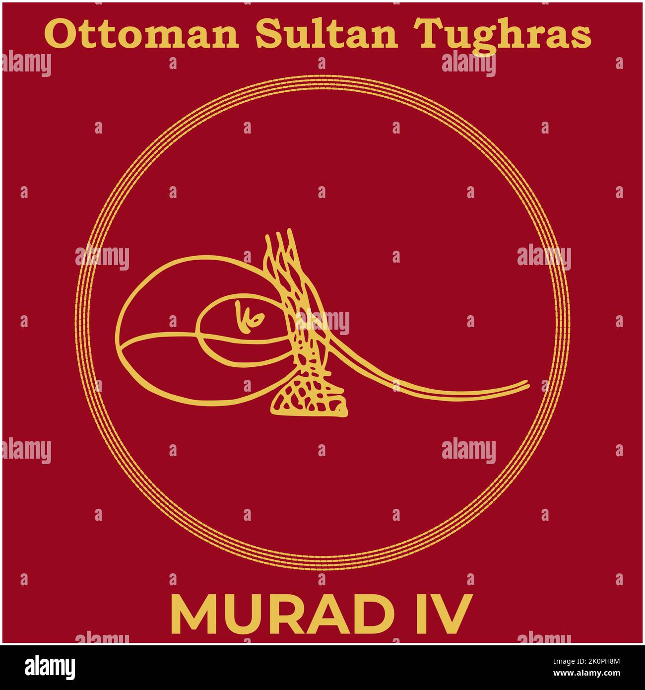 Immagine vettoriale con firma Tughra del diciassettesimo sultano Murad IV ottomano, Tughra di Murad IV con sfondo tradizionale di pittura turca. Illustrazione Vettoriale