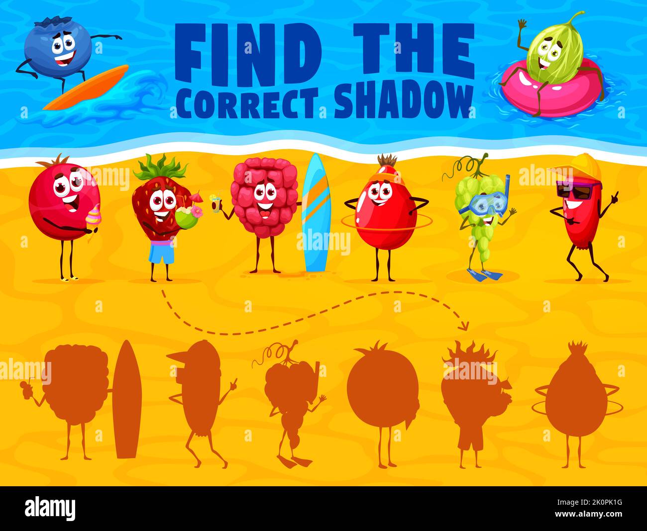 Trova l'ombra corretta dei personaggi dei cartoni animati sulla spiaggia estiva. Kids vettore match gioco foglio di lavoro indolenzare con mirtillo rosso, fragola, lampone, rosa, uva e barberry acqua divertimento e relax Illustrazione Vettoriale
