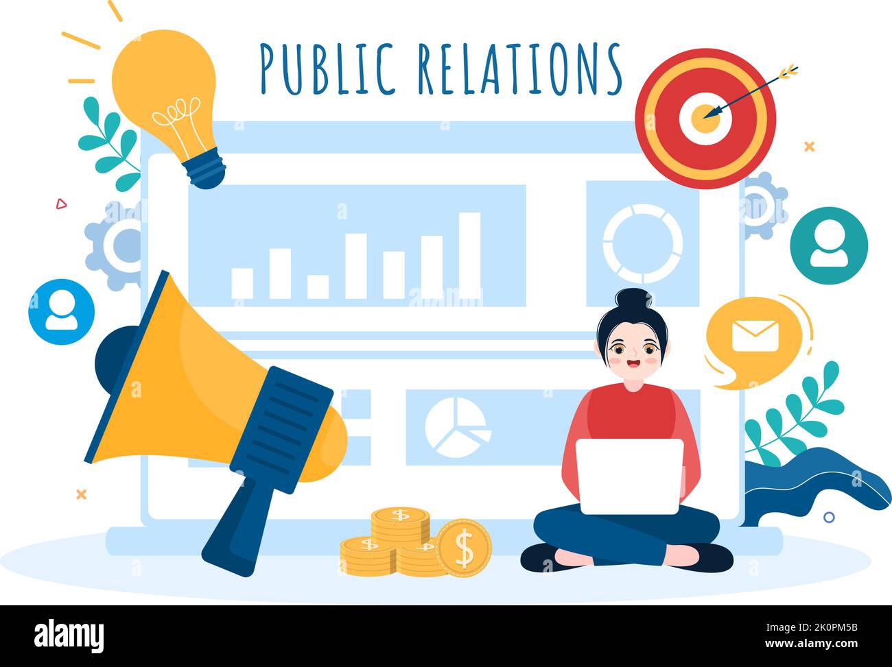 Modello di pubbliche relazioni mano disegnata Cartoon Flat Illustrazione con il team per idea di campagna di marketing attraverso i mass media per pubblicizzare il vostro business Illustrazione Vettoriale