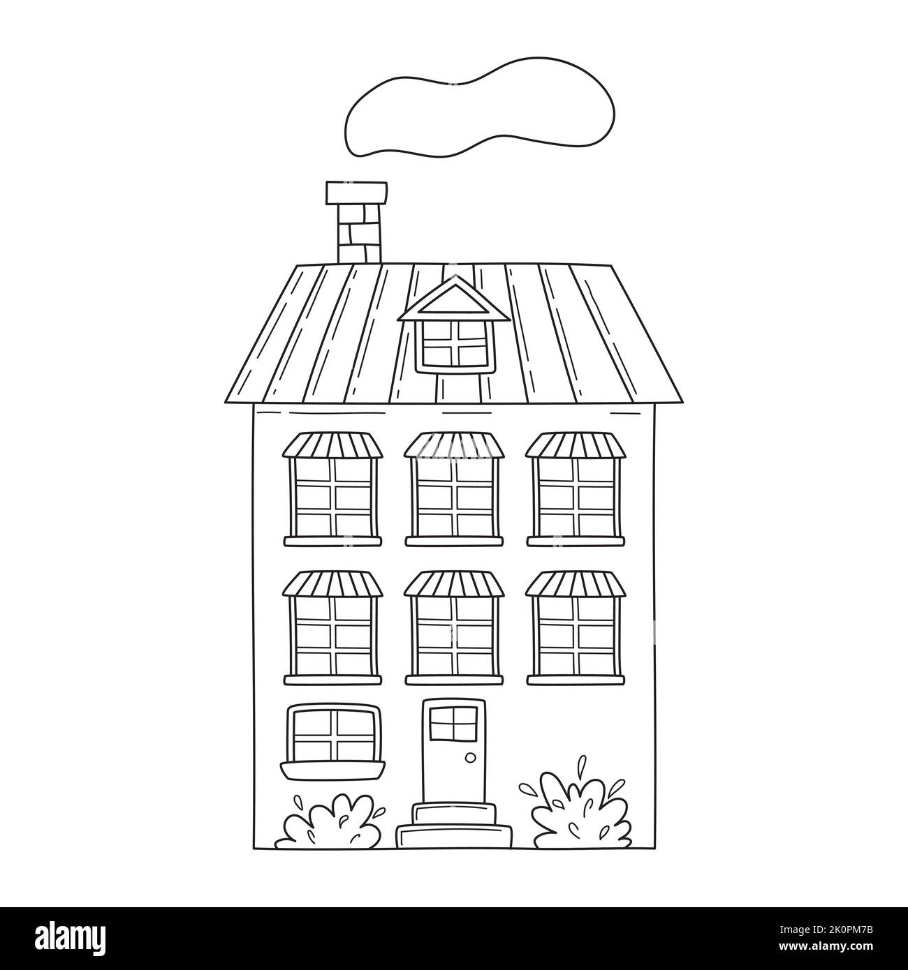 Carino semplice casa a tre piani in stile bozzetto. Illustrazione vettoriale in bianco e nero disegnata a mano isolata su sfondo bianco Illustrazione Vettoriale