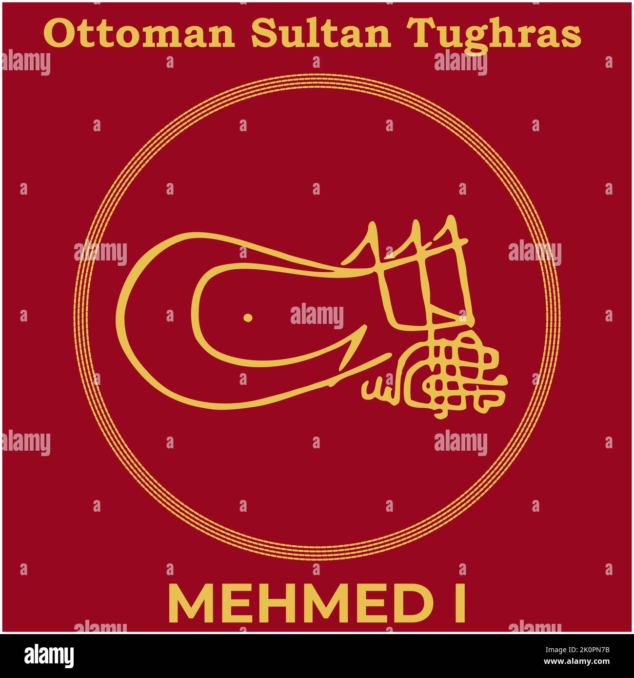 Immagine vettoriale con firma Tughra del quinto sultano ottomano Mehmed i, Tughra di Mehmed i con sfondo nero. Illustrazione Vettoriale