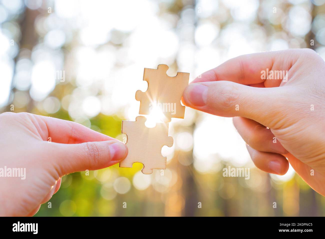Crop view delle mani cercando di abbinare puzzle in legno contro uno sfondo foresta bokeh con luce solare che arriva attraverso. Anima creativa mate concep Foto Stock