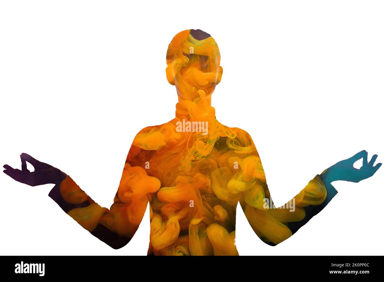 doppia esposizione silhouette arancione aura fumo donna Foto Stock