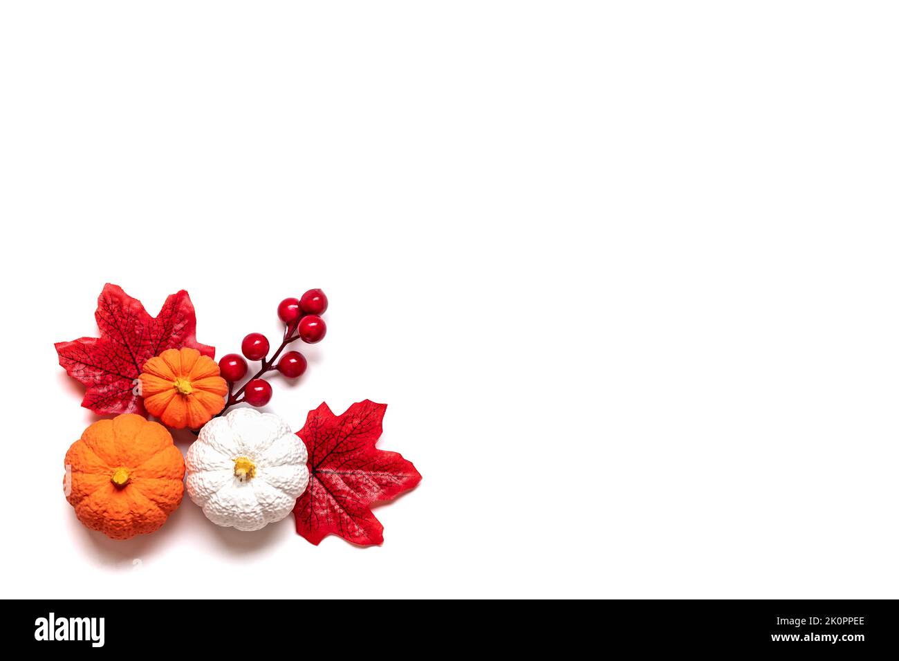 Autunno bouquet di acorns, bacche, foglie di acero, zucche isolato su sfondo bianco piatto Lay Top view Floral Border Holiday card Ciao settembre, ottobre, novembre concetto. Foto Stock