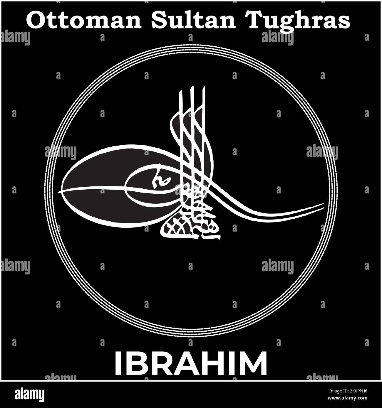 Immagine vettoriale con firma Tughra del Settecento sultano Ottomano Ibrahim, Tughra di Ibrahim con sfondo nero. Illustrazione Vettoriale