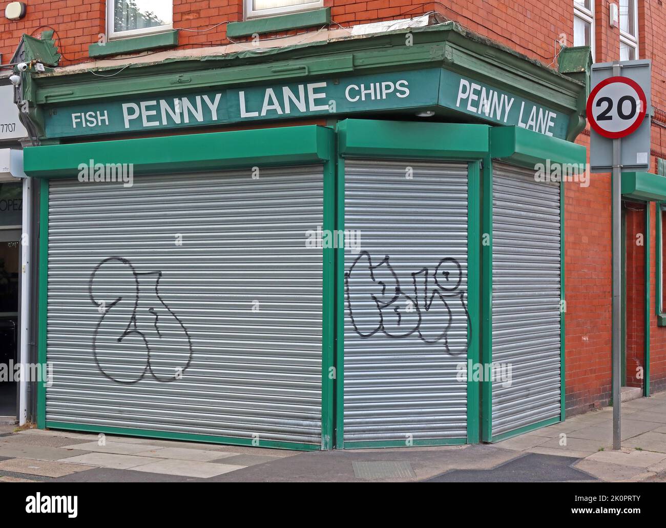 Penny Lane Fish and chip Shop, Liverpool, Merseyside, Inghilterra, Regno Unito, L18 1DE Foto Stock