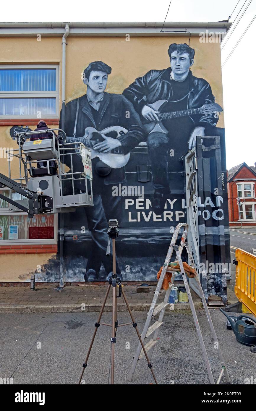 Arte in corso, Paul Curtis, murale dei Beatles a Penny Ln, Liverpool, Merseyside, Inghilterra, Regno Unito, L18 1DE Foto Stock