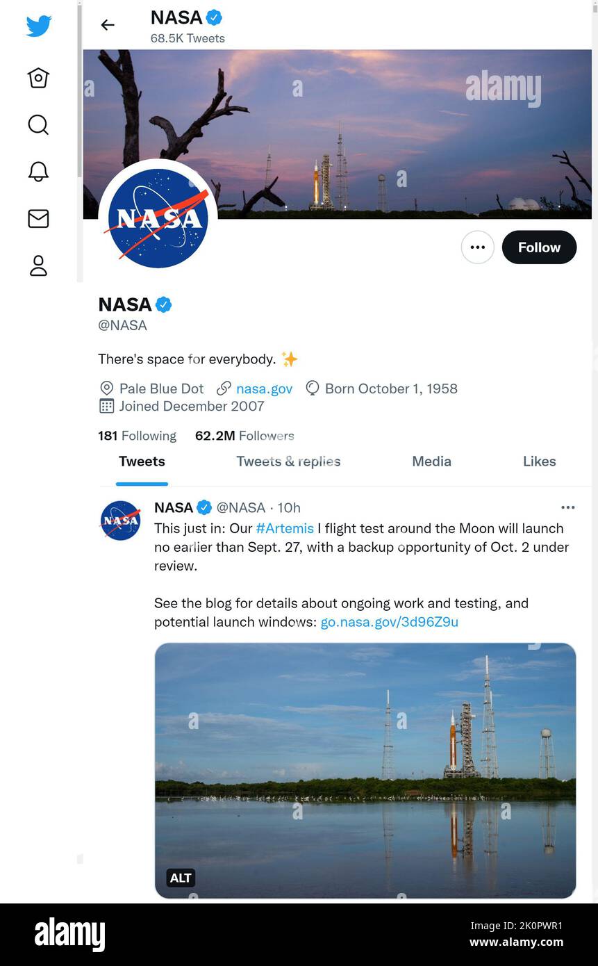 Pagina Twitter (settembre 2022) della NASA Foto Stock