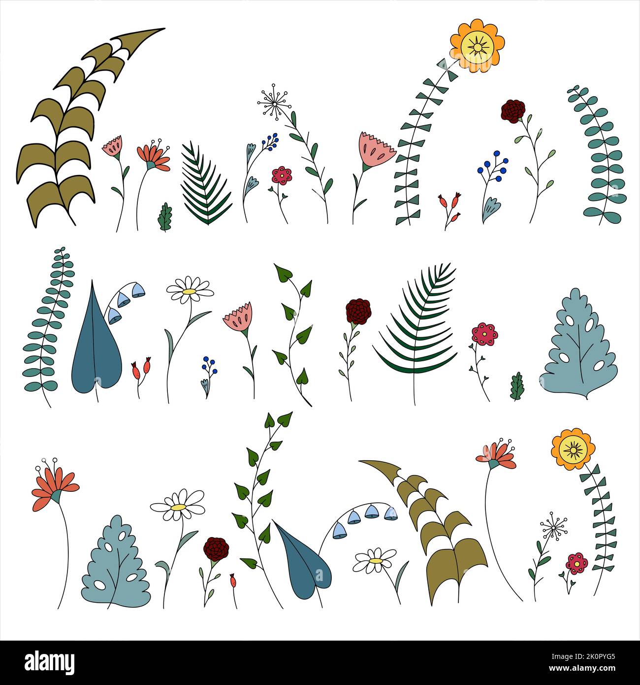 Doodle prato fiori e foglie set. Icone floreali vettoriali a colori Illustrazione Vettoriale