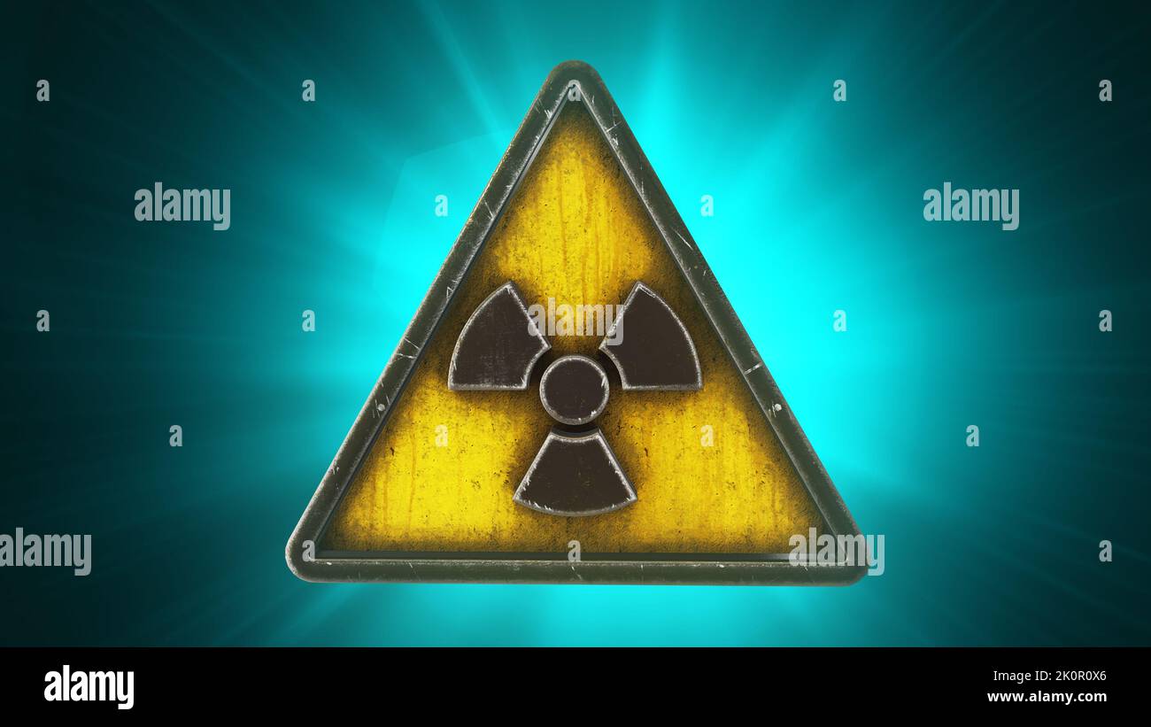 3D animazione del simbolo di pericolo nucleare di radiazione in un triangolo su sfondo blu che illustra il pericolo di contaminazione nucleare. Foto Stock