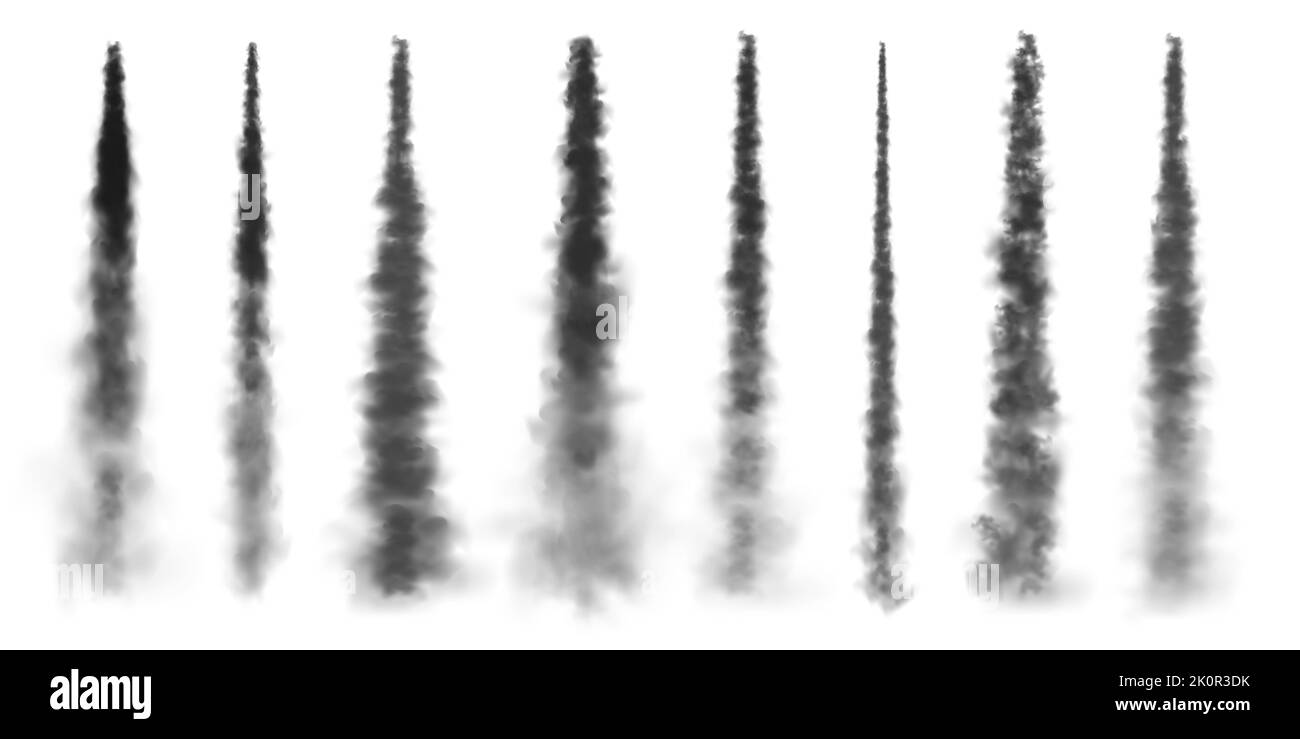 Missile realistico o bullet trail. Piste di condensazione di aerei, piste di aerei a reazione. Lancio del razzo spaziale. Nubi di fumo nero, esplosione. Flusso di vapore Illustrazione Vettoriale