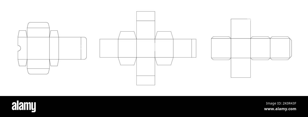 Set di 3 schemi di confezionamento in carta, modelli di confezioni. Layout geometrico del modello, linee vettoriali sottili nere su sfondo bianco. Illustrazione Vettoriale