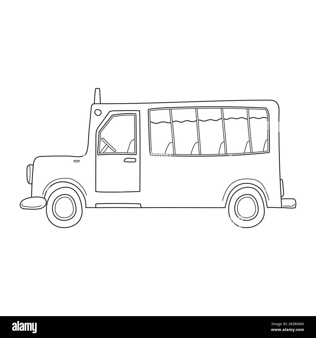 Un scuolabus con finestre in stile bozzetto. Vista laterale. Illustrazione vettoriale in bianco e nero disegnata a mano isolata su sfondo bianco Illustrazione Vettoriale