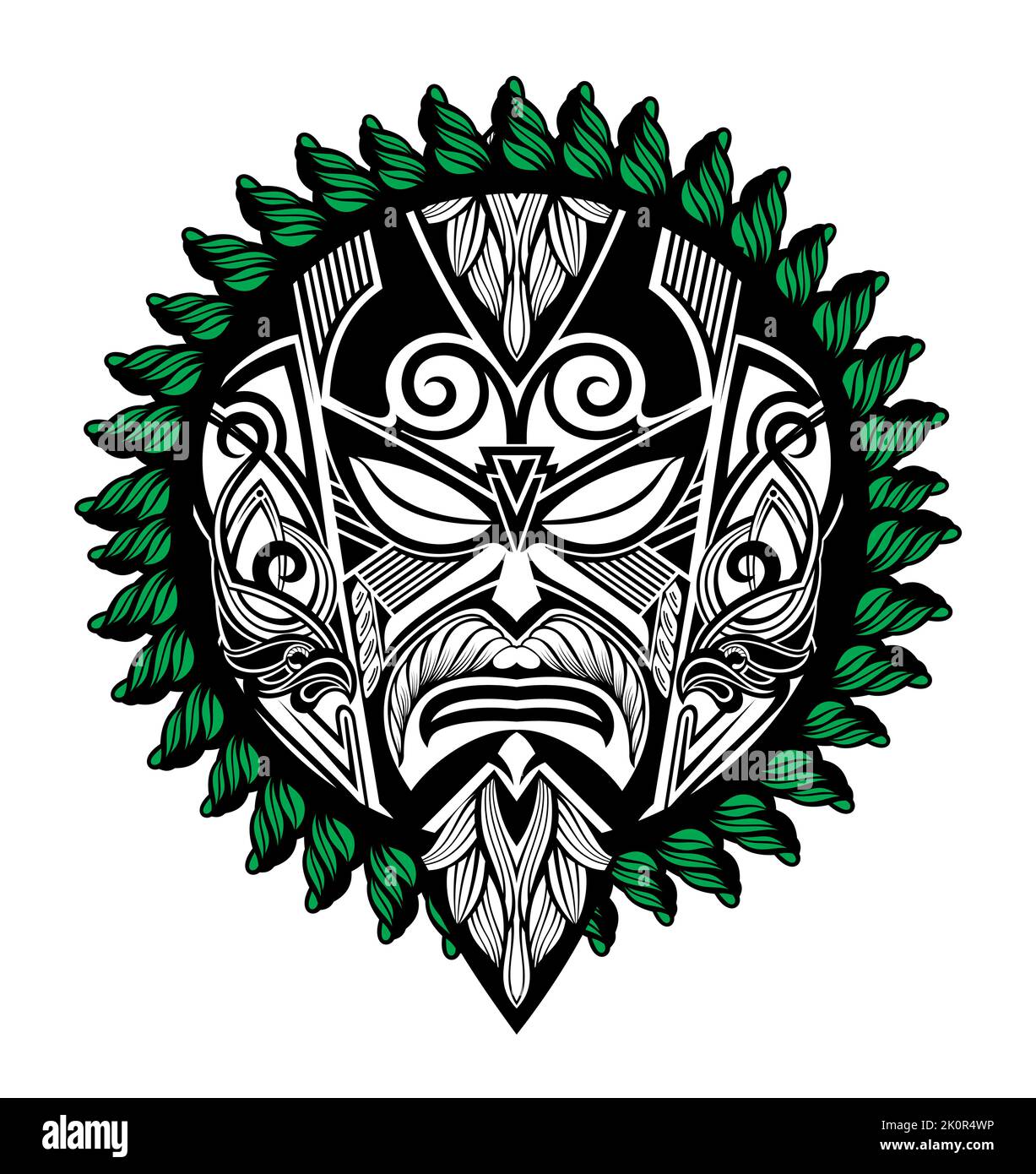 Dio normo Odino con maschera. Illustrazione dello stile con incisione Viking Warrior sul design del tatuaggio con sfondo nero. Illustrazione Vettoriale