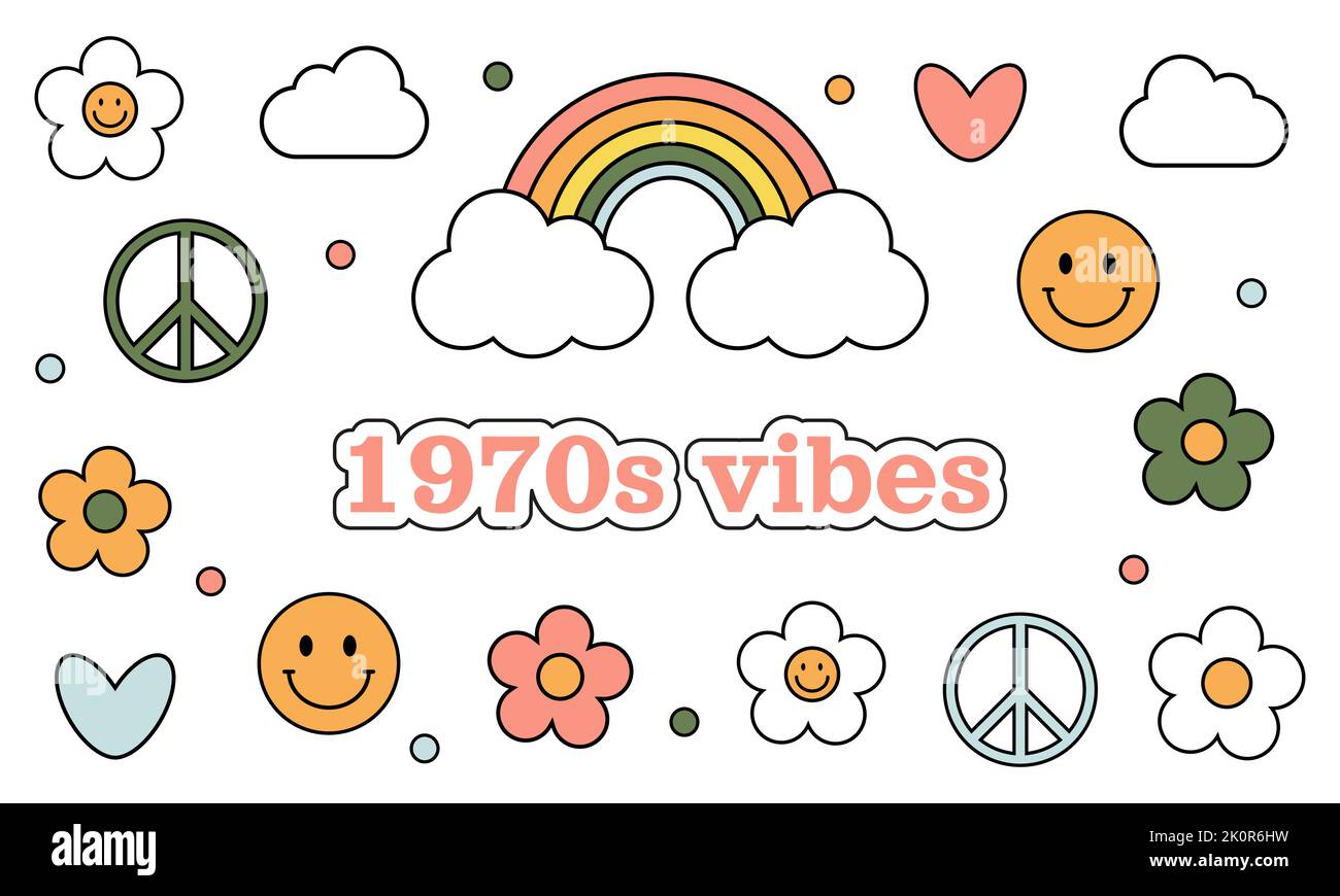 1970 set di adesivi groovy trippy. Margherite, cuori, arcobaleno, sorrisi, simboli di pace, nuvole su sfondo bianco. 70s elementi vibes, adesivi cartoni animati. GRO Illustrazione Vettoriale