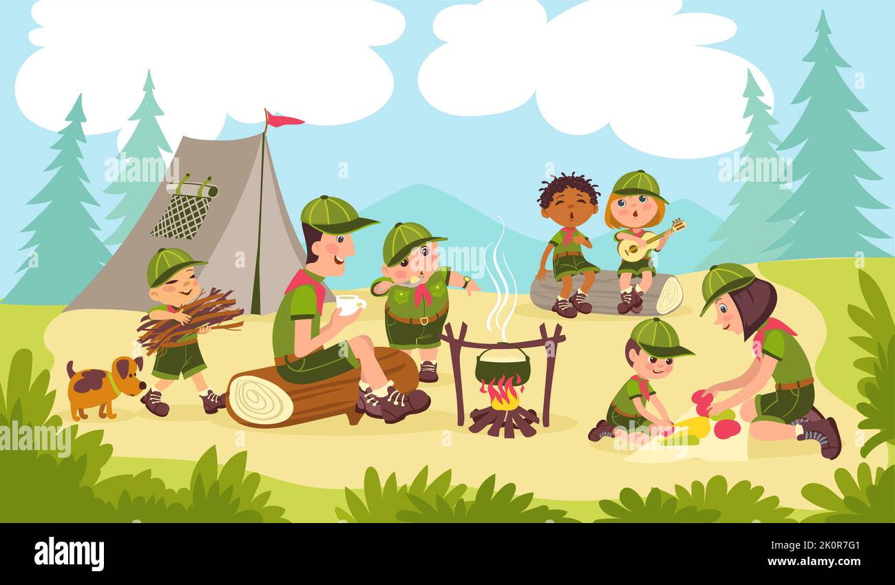 Guide e piccoli scout. I turisti imparano a mettere la tenda e a fare fuoco. La vita nella natura abilità. Spedizione bambini. L'insegnante insegna ai bambini a cucinare sopra Illustrazione Vettoriale