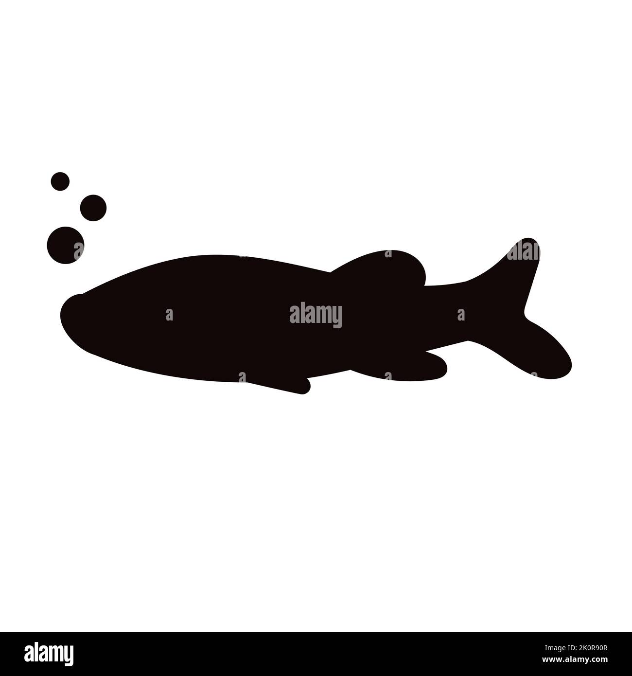 Icona di pesce silhouette nera isolata su sfondo bianco. Gli animali marini formano il mondo sotterraneo e la forma di cartone animato di fauna selvatica sott'acqua. Pesce semplice con tai Illustrazione Vettoriale