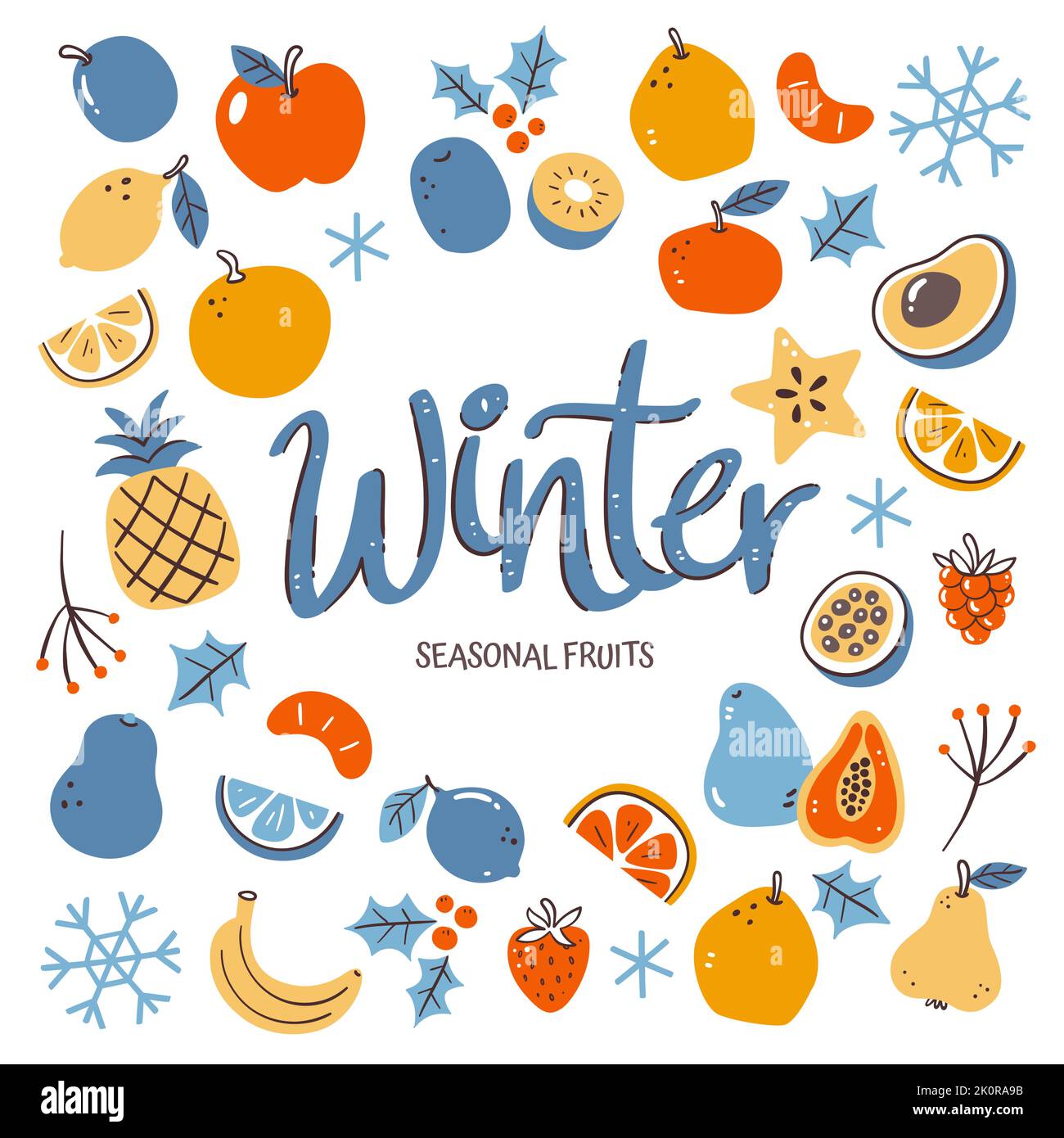 Frutta di stagione sfondo. Composizione di frutta invernale fatta di colorate icone vettoriali disegnate a mano, isolate su sfondo bianco. Illustrazione Vettoriale