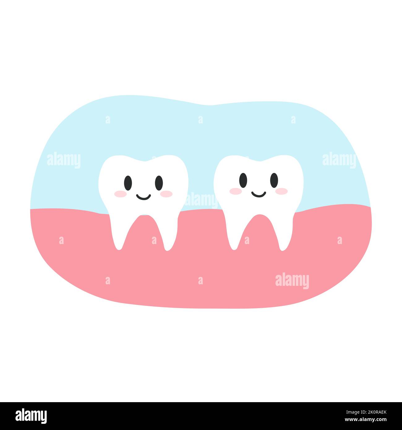 Due simpatici personaggi sorridenti e sani in stile cartoon flat. Illustrazione vettoriale del concetto di salute dentale, igiene orale Illustrazione Vettoriale