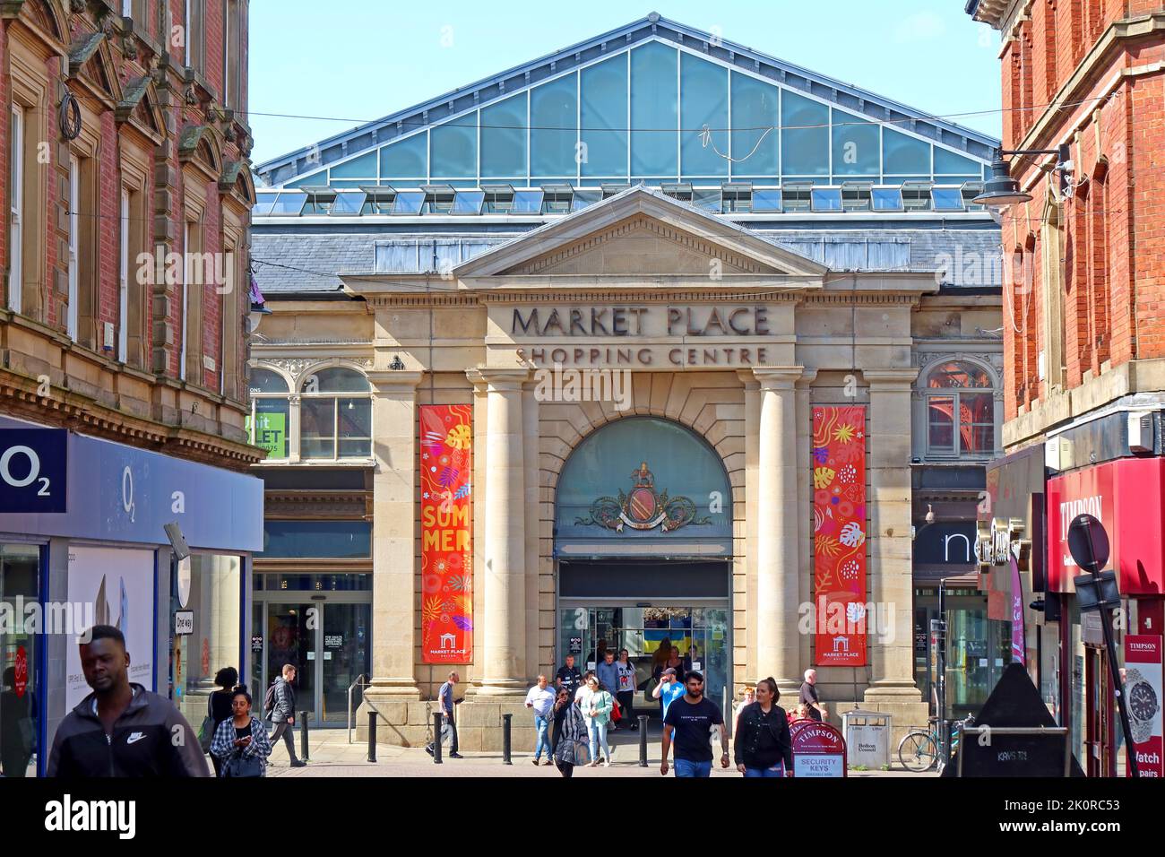 Facciata storica del centro commerciale Bolton Market Place, Knowsley St, Bolton, Greater Manchester, Lancs, INGHILTERRA, REGNO UNITO, BL1 2AL Foto Stock