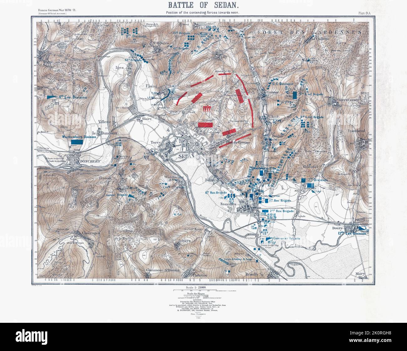 La Battaglia di Sedan 1 - 2 settembre 1870 durante la guerra franco-prussiana 1870 - 1871. Mappa della disposizione delle forze verso mezzogiorno del 2 settembre 1870 solo ore prima che i francesi si arrendano. Dopo una mappa pubblicata nel 1905. Foto Stock