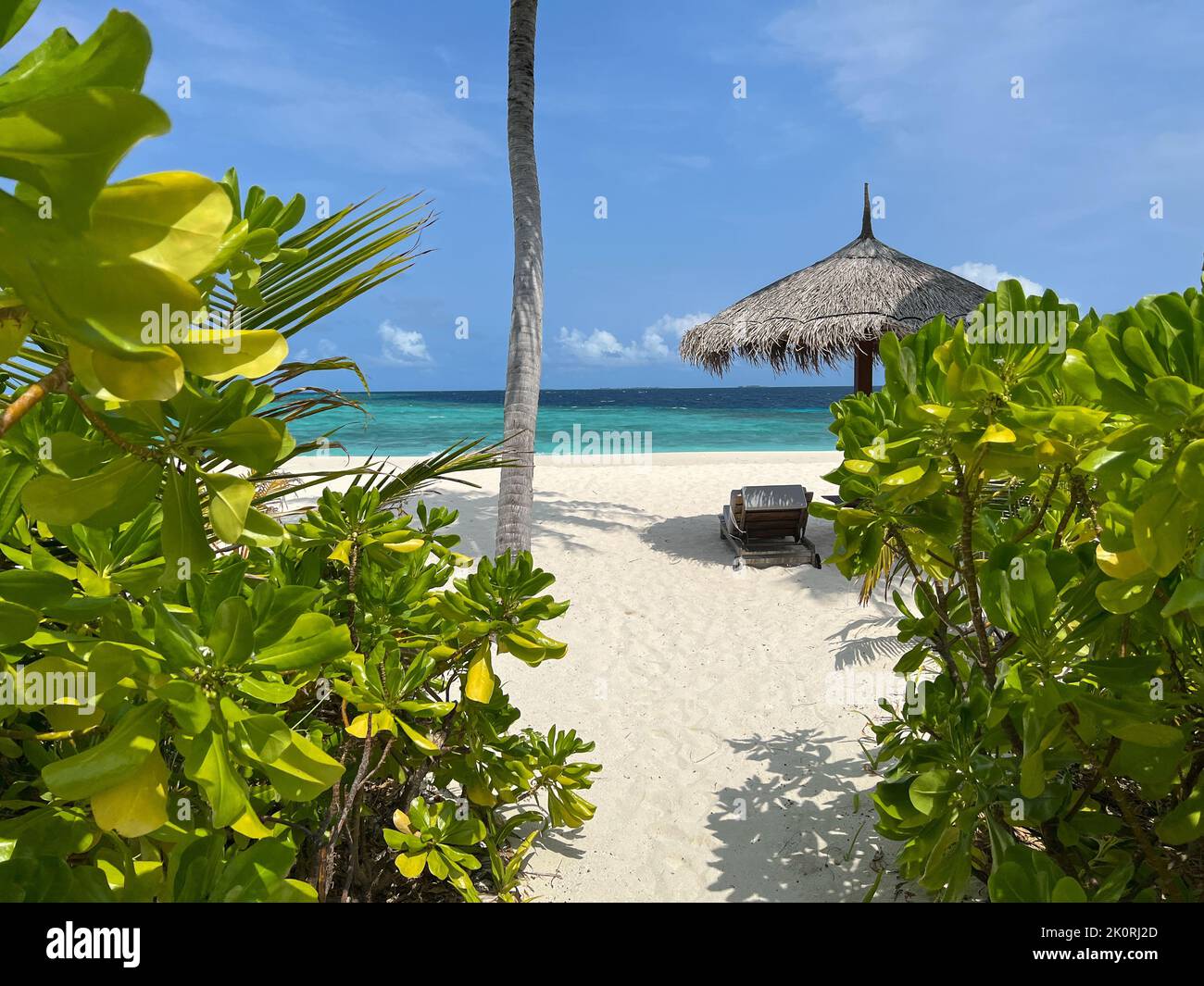 Percorso che conduce ad una bellissima spiaggia con acque color turchese e un lettino e ombrellone in un resort sulle isole Maldive. Foto Stock