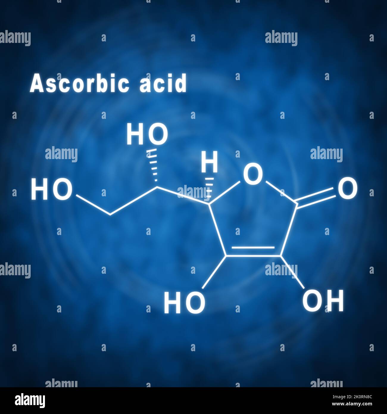 Acido ascorbico formula chimica strutturale su sfondo blu Foto Stock
