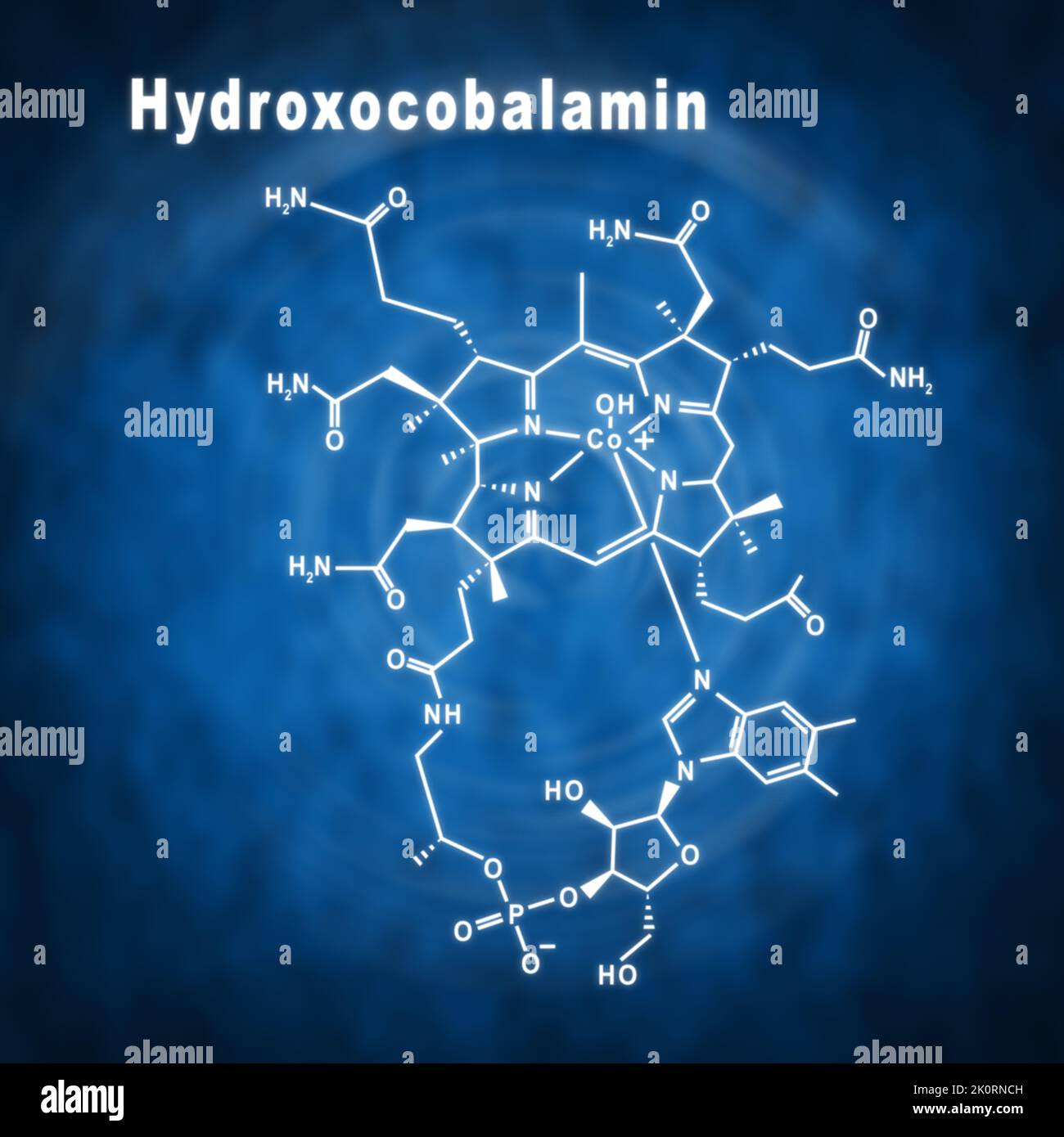Idrossicobalamina vitamina B12, formula chimica strutturale su sfondo blu Foto Stock