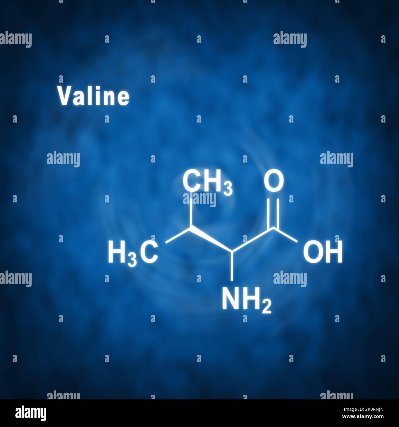 Aminoacido valina (l-valina, Val, V), struttura chimica su sfondo blu Foto Stock